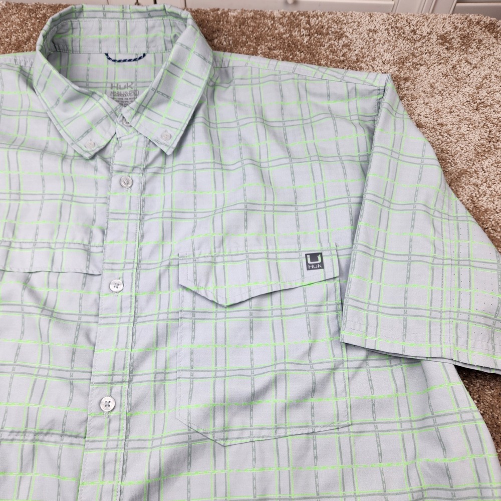 Huk Mens 2XL Short Sleeve Fishing Shirt Grey Lime Green Plaid Ventilated PFG